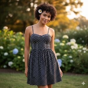 American💝Rag COQUETTE GIRL Navy White Polka Dot Dress ELASTIC SHIRRING Sz M